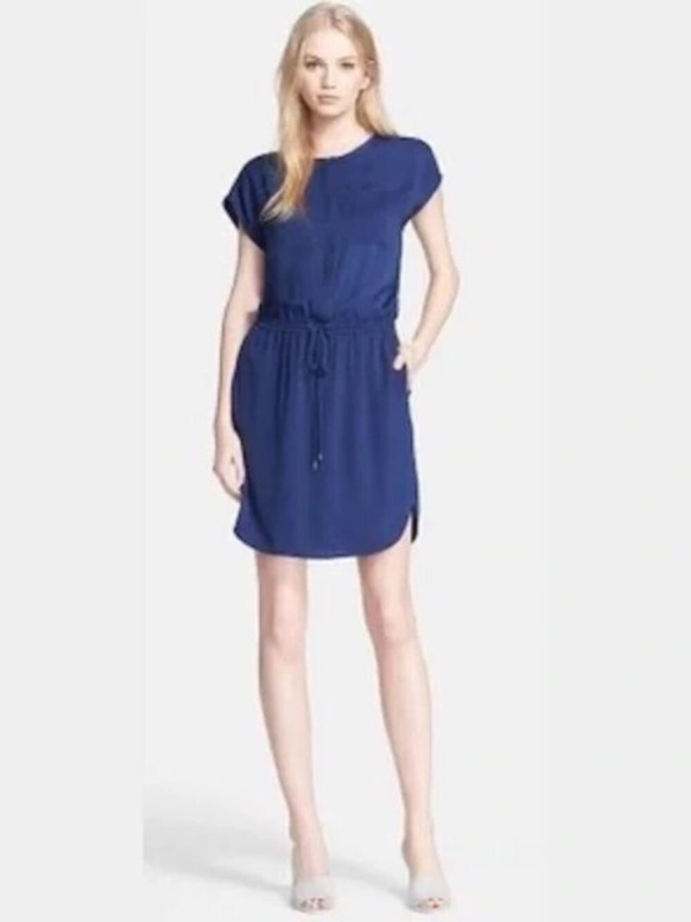 Vince Navy Blue Silky Mini Dress Drop Drawstring Waist Cap Sleeve Size Small